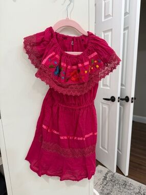 Girls' Fuchsia Embroidered Off-Shoulder Dress